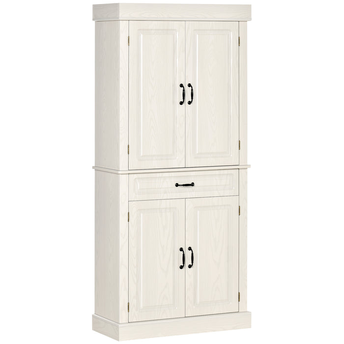 Freestanding 4-Door Kitchen Cupboard - Wide Drawer & Shelving Storage Cabinet, 180cm in White Wood Grain - Ideal for Organizing Living Room Clutter