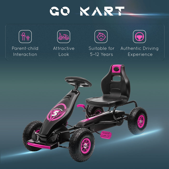 Kids' Pedal-Powered Racing Kart - Adjustable Seat, Pneumatic Tires & Shock Absorption - Ideal for Boys & Girls Aged 5-12, Fun Outdoor Play in Pink