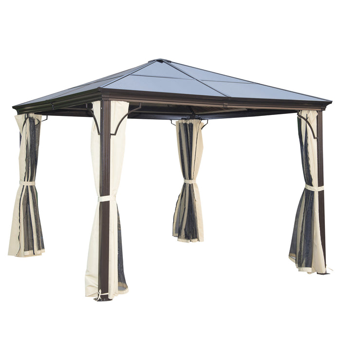 Hardtop Gazebo Canopy 3x3m with Polycarbonate Roof - Aluminium Frame Garden Pavilion, Mosquito Netting & Curtains, Brown - Ideal Outdoor Shelter for Entertainment & Relaxation