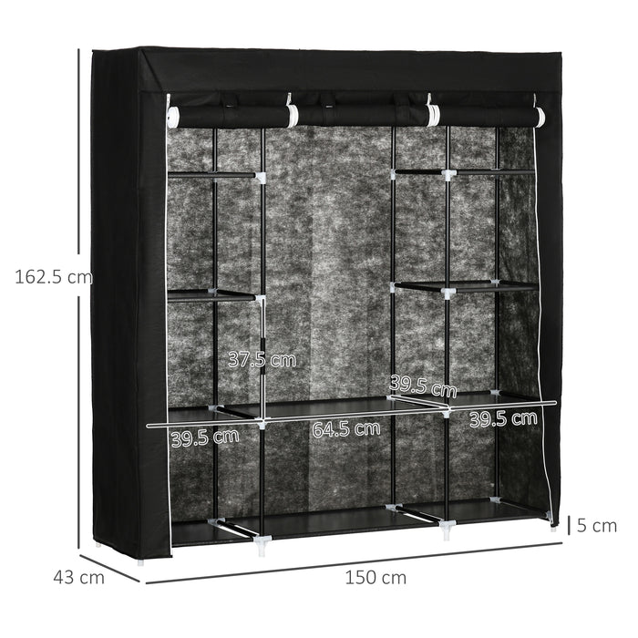 Portable Fabric Wardrobe Organizer with 10 Shelves & Hanging Rail - 150x43x162.5 cm Foldable Closet, Black - Ideal Storage Solution for Clothes and Accessories