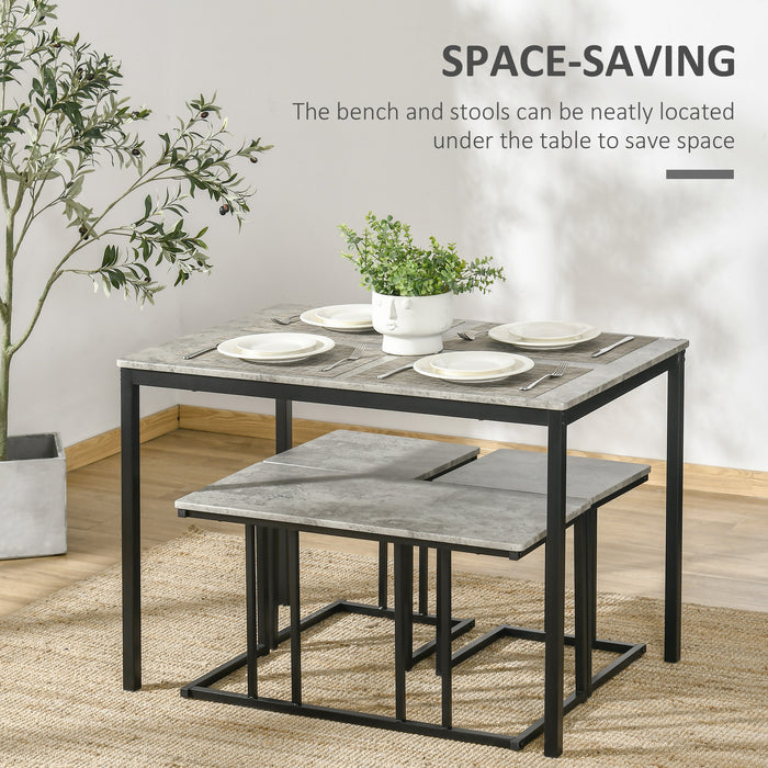 Concrete-Effect Dining Ensemble for Four - Steel-Framed Kitchen Table & Bench Set with Grey Finish - Ideal for Family Meals and Small Space Dining