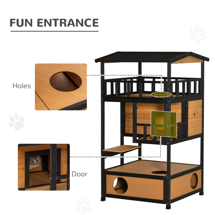 3-Tier Wooden Cat House - Winter-Ready Kitten Shelter with Tilted Roof, Terrace & Jump Step - Cozy Lodge for Cats with Elevated Base & Bottom Tray, Yellow