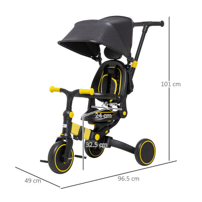 Kids 3-in-1 Aluminum Tricycle - Adjustable Push Handle, Sun Canopy, Reclining Seat - Ideal for Toddlers 18 to 48 Months, Bright Yellow