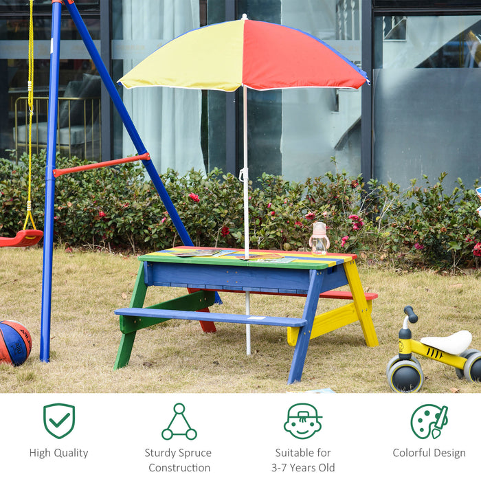 Colorful Kids Picnic Table and Bench Set with Sandbox - Outdoor Wooden Rainbow Furniture with Removable & Height Adjustable Parasol - Perfect for Garden, Patio, Backyard & Beach Playtime