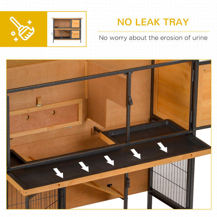 Wooden Rabbit Hutch with Metal Frame - 2-Floor Bunny Cage, Slide-Out Tray, Feeding Trough, Ramp, Lockable Door, Openable Roof - Ideal for Small Pet Housing and Care