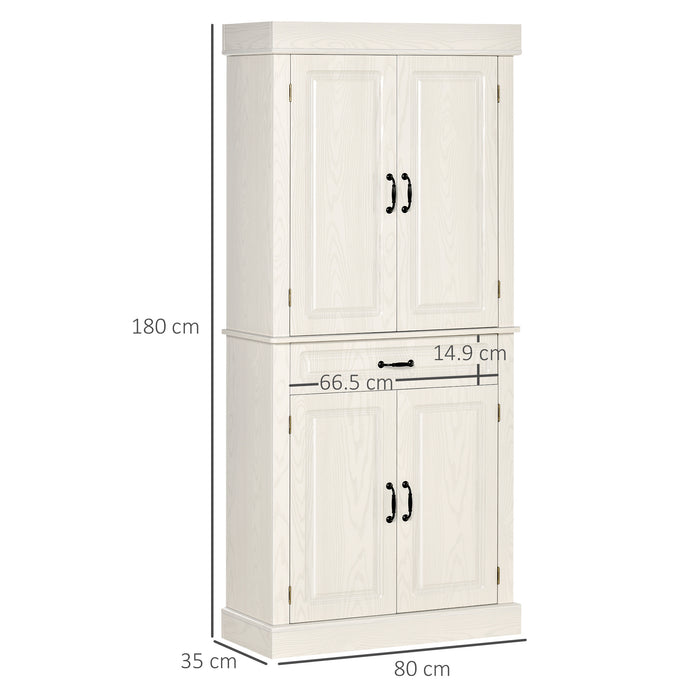 Freestanding 4-Door Kitchen Cupboard - Wide Drawer & Shelving Storage Cabinet, 180cm in White Wood Grain - Ideal for Organizing Living Room Clutter