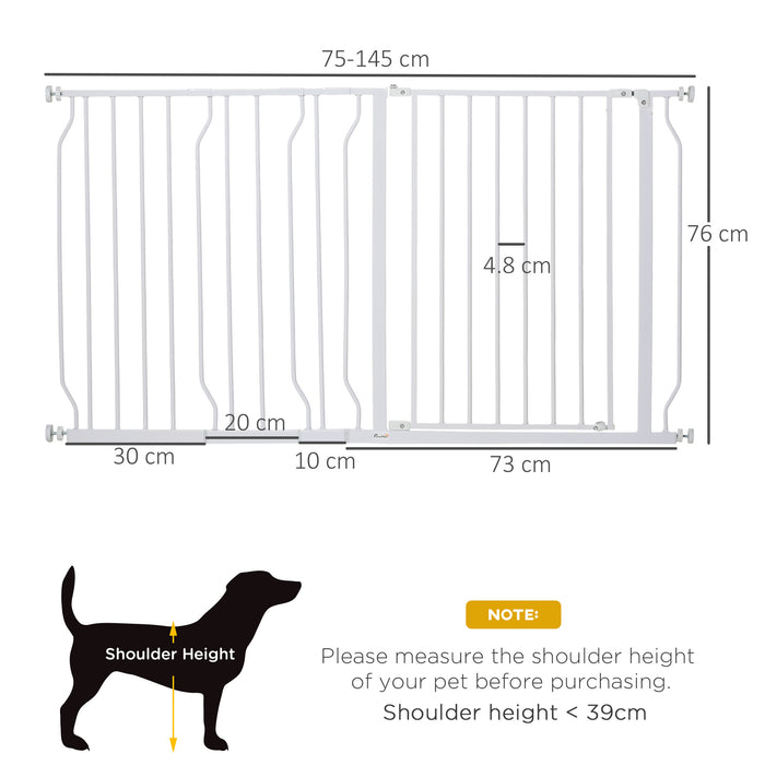 Extra Wide Stairway Pet Gate with Door - Adjustable 76cm Height & 75-145cm Width, White - Ideal for Dogs & Home Safety