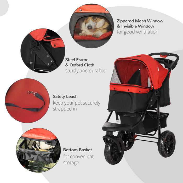 Oxford Cloth Pet Stroller - 3-Wheel Folding Dog Trolley in Red/Black - Convenient Pet Transport for Walks and Travel