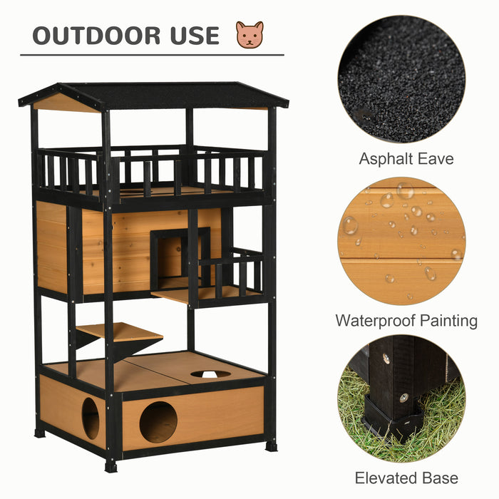 3-Tier Wooden Cat House - Winter-Ready Kitten Shelter with Tilted Roof, Terrace & Jump Step - Cozy Lodge for Cats with Elevated Base & Bottom Tray, Yellow