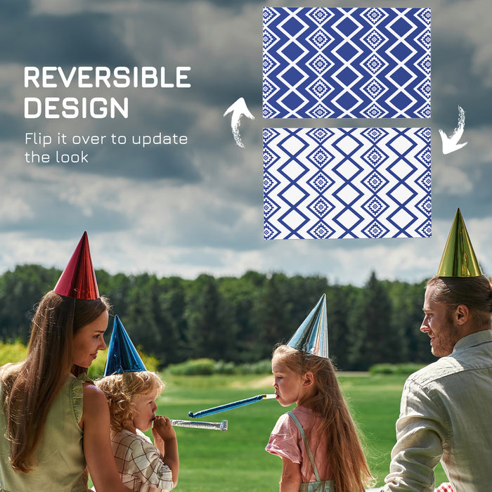 Reversible Plastic Straw RV Mat - Weatherproof Outdoor Carpet with Carry Bag in Blue and White, 182 x 274cm - Ideal for Campers and Patio Use