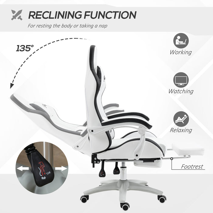 Racing Gaming Chair with 360° Swivel - Reclining PU Leather Computer Chair, Footrest & Removable Headrest in White and Black - Designed for Gamers and Home Office Comfort