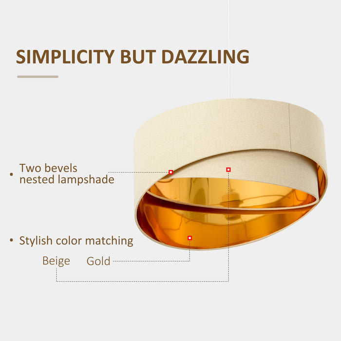 Contemporary Adjustable Pendant Chandelier - Bevel Nested Lampshades with Metal Finish, Beige & Gold - Elegant Lighting for Living Rooms and Bedrooms
