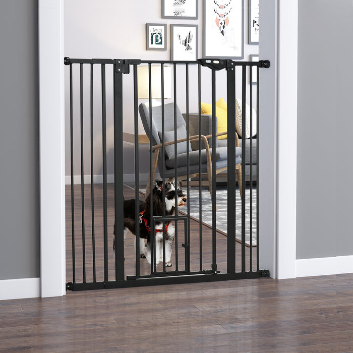 Extra Tall Indoor Safety Pet Gate with Cat Door - Auto-Closing Dog Barrier 74-101cm Wide - Ideal for Keeping Pets Separate in Home, Black