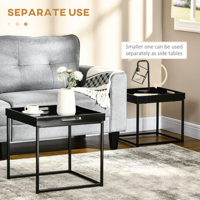 Contemporary Nesting Coffee Tables, Set of 2 - Square High Gloss Top with Sturdy Steel Frame - Space-Saving Design for Modern Living Rooms