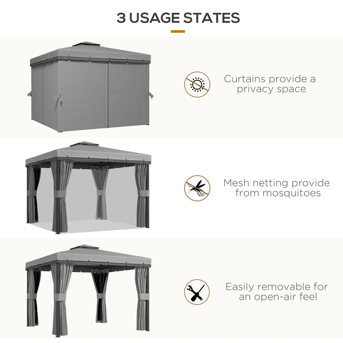 Patio Gazebo Canopy 3x3m - Garden Pavilion Tent with 2-Tier Roof, Netting, Curtains in Light Grey - Ideal for Outdoor Parties, Relaxation & Shelter