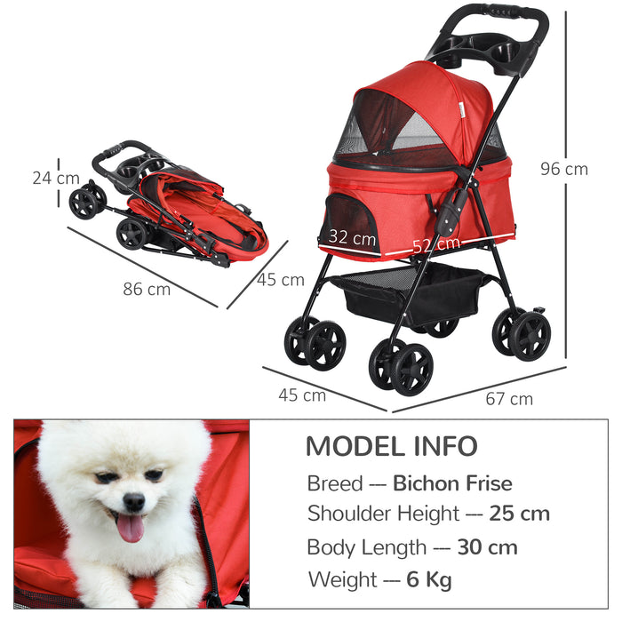 No-Zip Pet Stroller - Dog & Cat Travel Pushchair with Foldable Trolley, EVA Wheels, Brake, Basket - Adjustable Canopy & Safety Leash for Outdoor Jogging Convenience