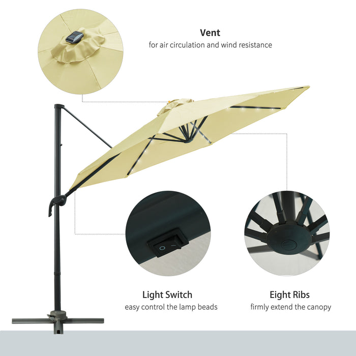 3 Meter Beige Patio Offset Umbrella - Roma Cantilever Garden Parasol with 360° Rotation, Sun Shade Canopy Shelter - Ideal for Outdoor Entertainment and Relaxation