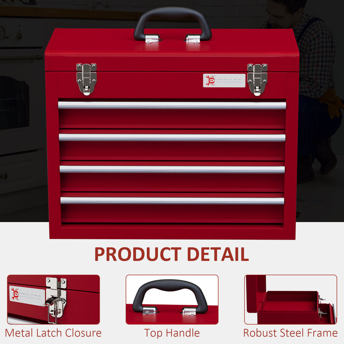 4-Drawer Lockable Metal Tool Chest with Latches and Ball Bearing Slides - Sturdy Red Storage Organizer for Workshops and Garages - Secure Tool Organization for Professionals and DIY Enthusiasts