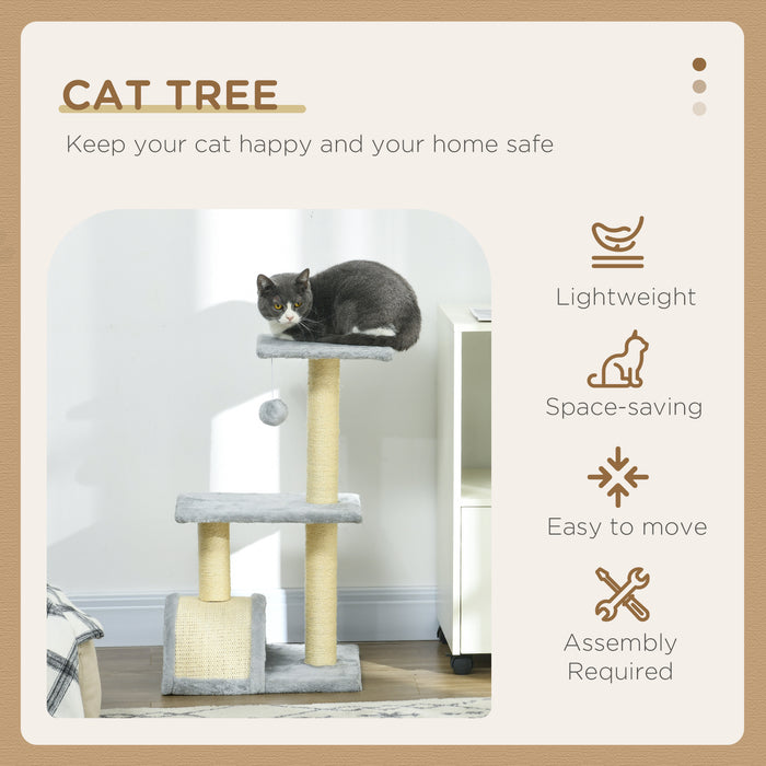 Multi-Level Cat Tree Tower with Sisal Scratching Post - Indoor Climbing Activity Centre with Pad and Hanging Ball in Light Grey - Perfect Play Structure for Cats and Kittens