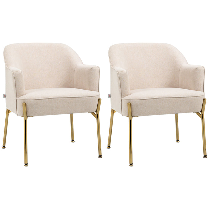 Elegant White Accent Chair Set of 2 - Luxurious Upholstered Armchair with Golden Metal Legs for Living Space - Ideal for Bedroom, Living Room, and Café Seating