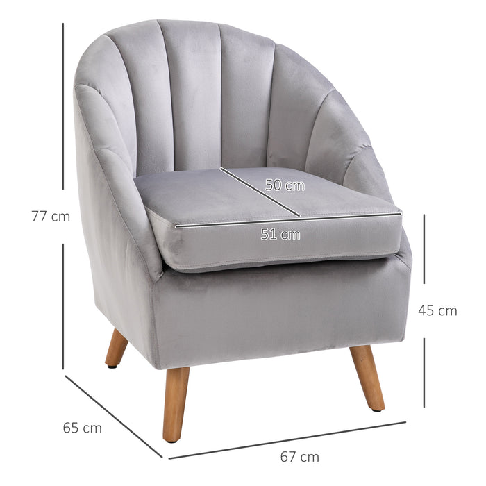 Velvet Fabric Accent Chair - Single Sofa Armchair with Solid Wood Legs for Home Living Room - Upholstered Grey Side Chair for Elegant Seating Comfort