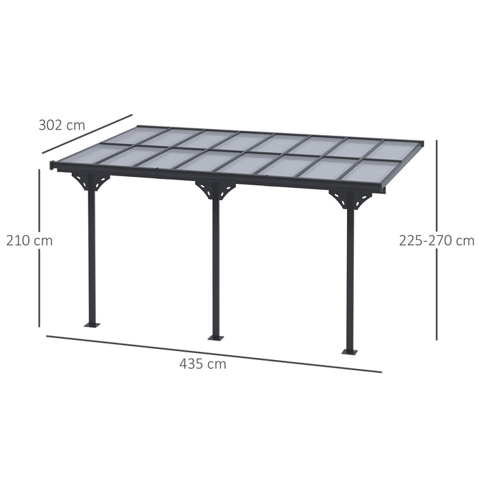 Outdoor 4.35x3m Wall-Mounted Gazebo Pergola - Aluminum Structure with Polycarbonate Roof - Ideal for Patio Shade and Shelter