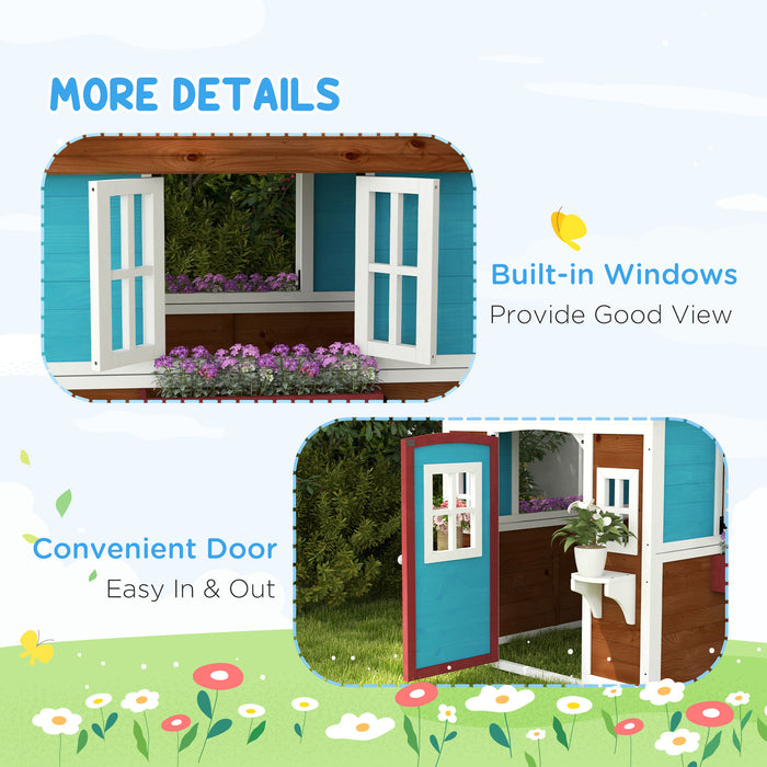 Wooden Playhouse for Kids - Interactive Features with Doors, Windows, & Plant Pots - Ideal for Children Aged 3-8 Years, Dark Brown