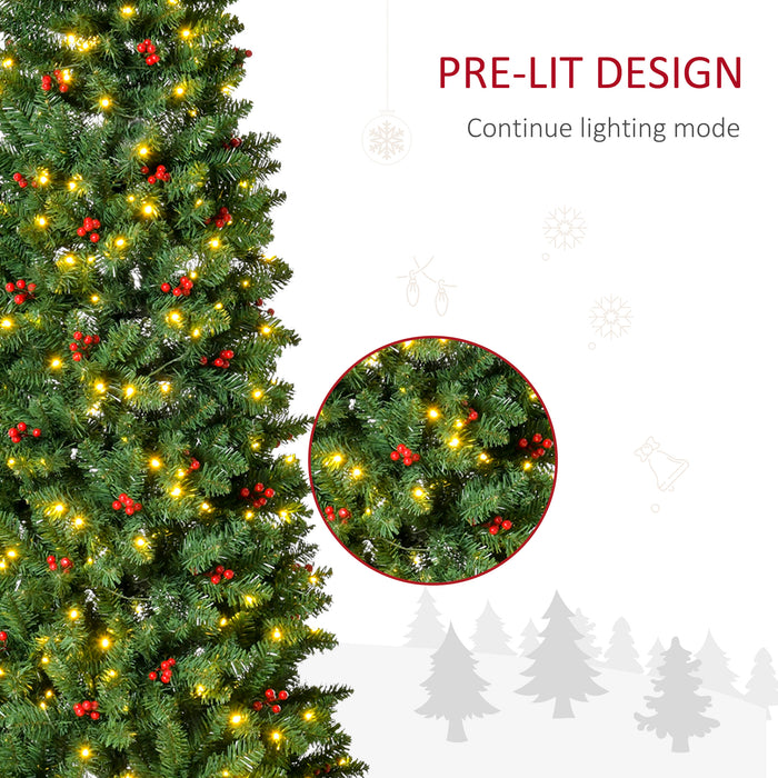 7FT Prelit Pencil Christmas Tree - Warm White LED Lights, Red Berries, Artificial Xmas Décor - Ideal for Festive Home Decoration
