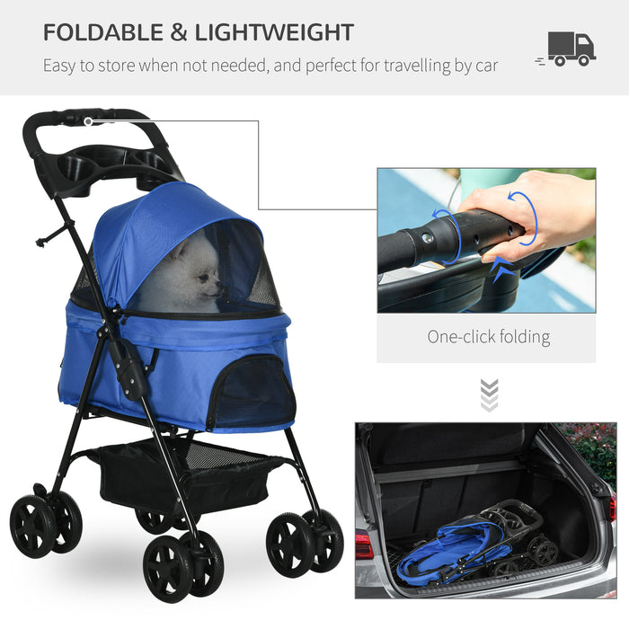 Pet Stroller - Dog & Cat Travel Pushchair with One-Click Folding, EVA Wheels, Brake System, and Adjustable Canopy - Safe and Comfortable Blue Trolley for Pet Jogging and Transport