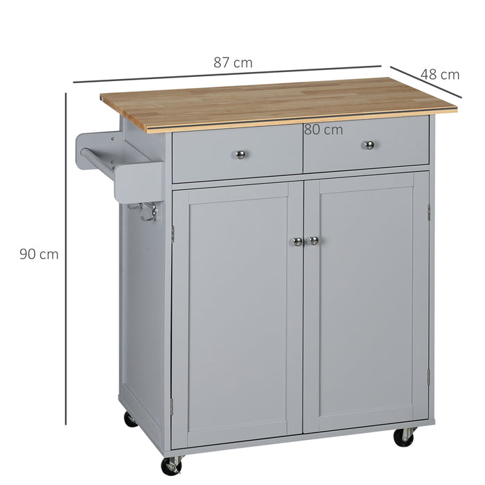 Rolling Kitchen Island Cart with Rubberwood Top - Multi-Purpose Utility Cart with Towel Rack, Hooks & Storage Drawers - Space-Saving Mobile Serving Station for Home Chefs & Entertainers