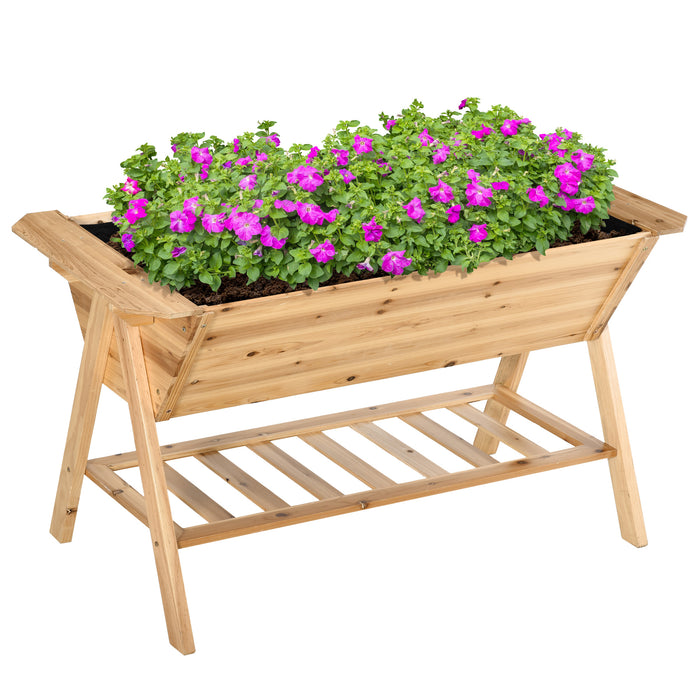 Wooden Raised Garden Bed Planter - Freestanding Outdoor Patio Box with Storage Shelf - Ideal for Flower and Vegetable Gardening