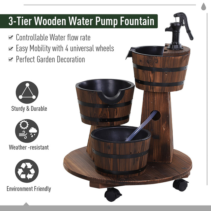 Fir Wood Triple Barrel Water Fountain with Pump - Rustic Outdoor Garden Feature with Cascading Barrels - Soothing Waterfall Effect for Patio & Backyard Relaxation