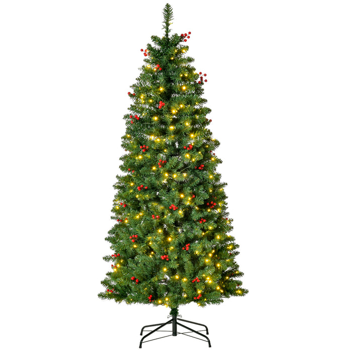 Artificial 5FT Pencil Christmas Tree with Lights and Berries - Pre-lit with Warm White LEDs and Decorated with Red Berries - Ideal for Festive Home Holiday Decor and Space-Saving Xmas Ambience