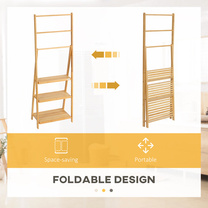 Bamboo Towel Stand with 3 Hanging Bars - Eco-Friendly Freestanding Rack with Storage Shelves - Space-Efficient Folding Design for Bathroom Organization