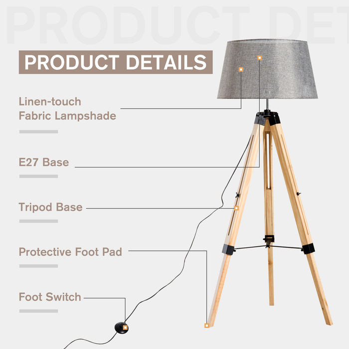 Adjustable Wooden Tripod Floor Lamp - Modern Design with E27 Bulb Compatibility, Grey Shade - Ideal for Contemporary Home Illumination