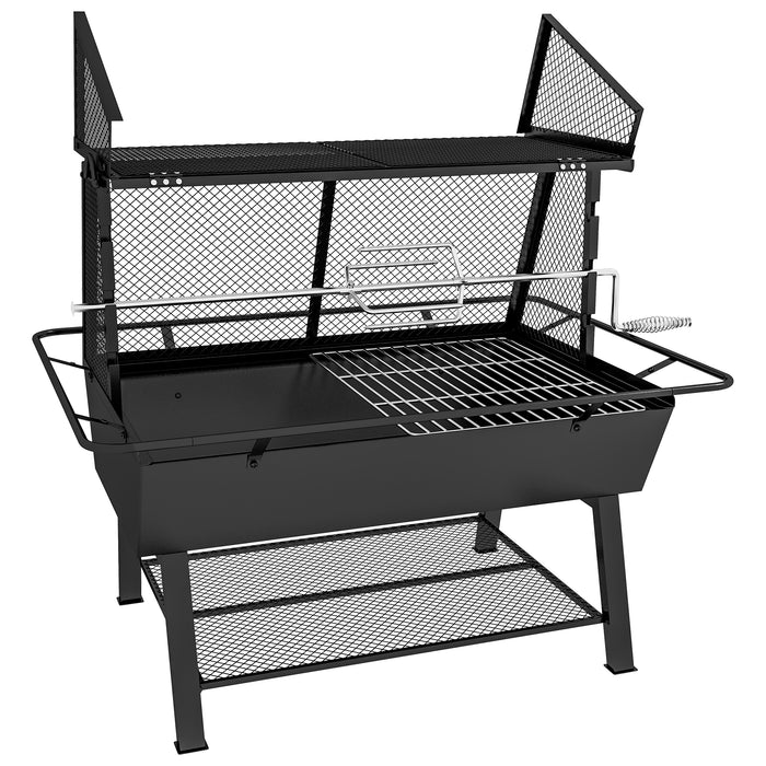 3-in-1 Charcoal Grill with Rotisserie and Fire Pit - Outdoor Cooking Station with Storage Shelf - Perfect for Grilling, Roasting & Campfires