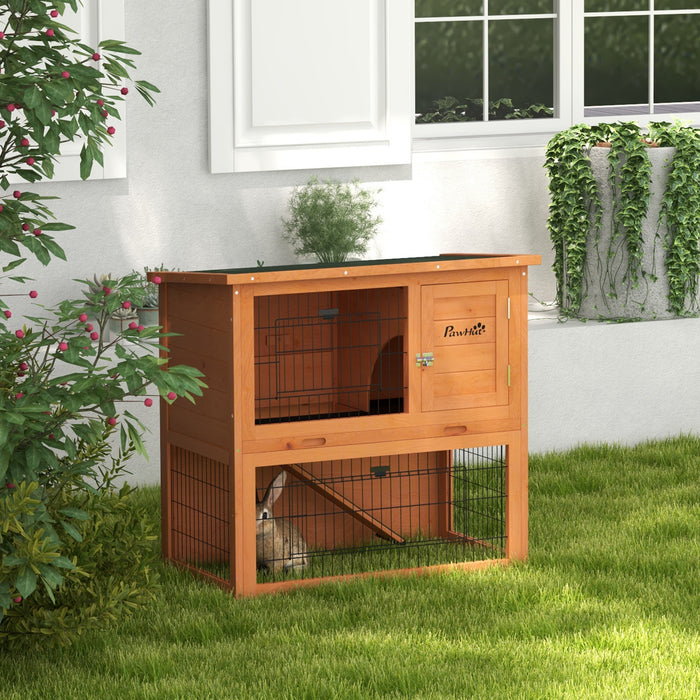 Two-Tier Antiseptic Wood Rabbit Hutch - Spacious 80cm Guinea Pig Habitat with Enclosed Run, Orange Finish - Ideal for Small Pet Safety and Comfort