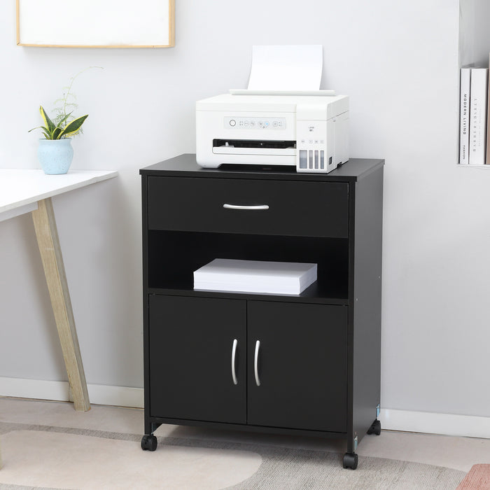 Mobile Printer Cabinet with Storage - Versatile Table, Open Shelf, and Drawer Design for Home & Office Organization - Sleek Black Finish, Space-Saving Solution