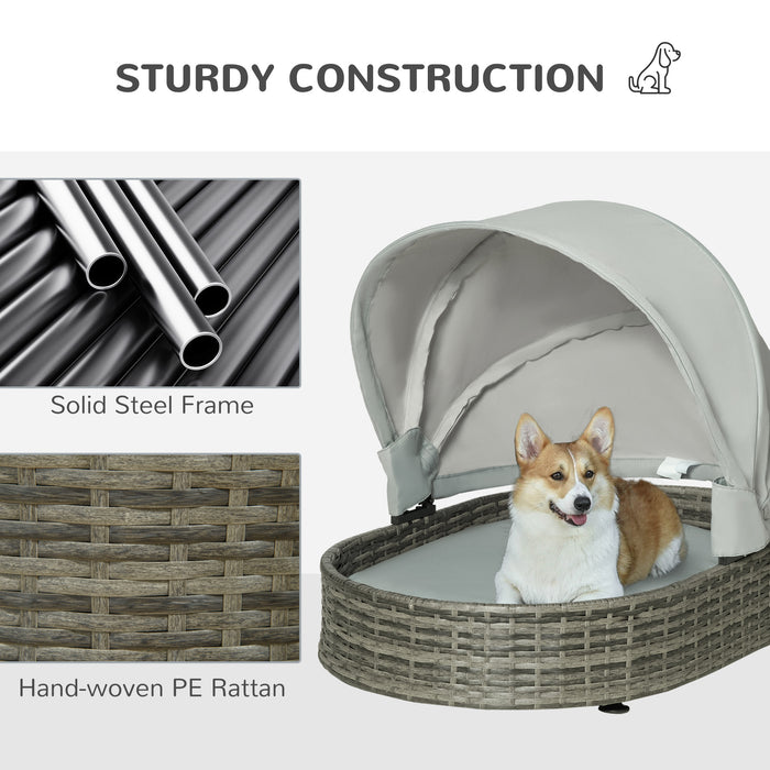 Outdoor Wicker Pet Bed with Canopy - Grey Dog Basket with Comfort Cushion for Small to Medium Dogs - Stylish Elevated Lounger for Pets