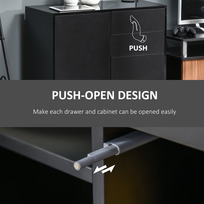 High Gloss Black Sideboard with Push-Open Mechanism - Modern 2-Drawer Side Cabinet for Storage - Elegant Furniture for Living Room and Bedroom