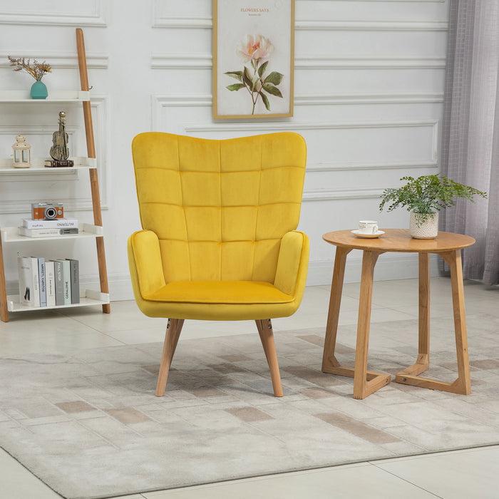 Velvet-Touch Tufted Wingback Armchair - Modern Upholstered Accent Chair with Wooden Legs in Vibrant Yellow - Stylish Lounge & Club Seating for Contemporary Homes