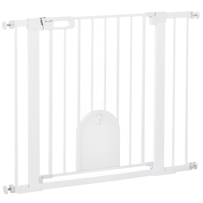 Easy-Install Pet Separation Gate - Dog Gate with Built-in Cat Door, Pressure Mounted, Automatic Closing & Double Locking System - Ideal for Doorways & Stairs, Fits 75-103 cm Openings, White