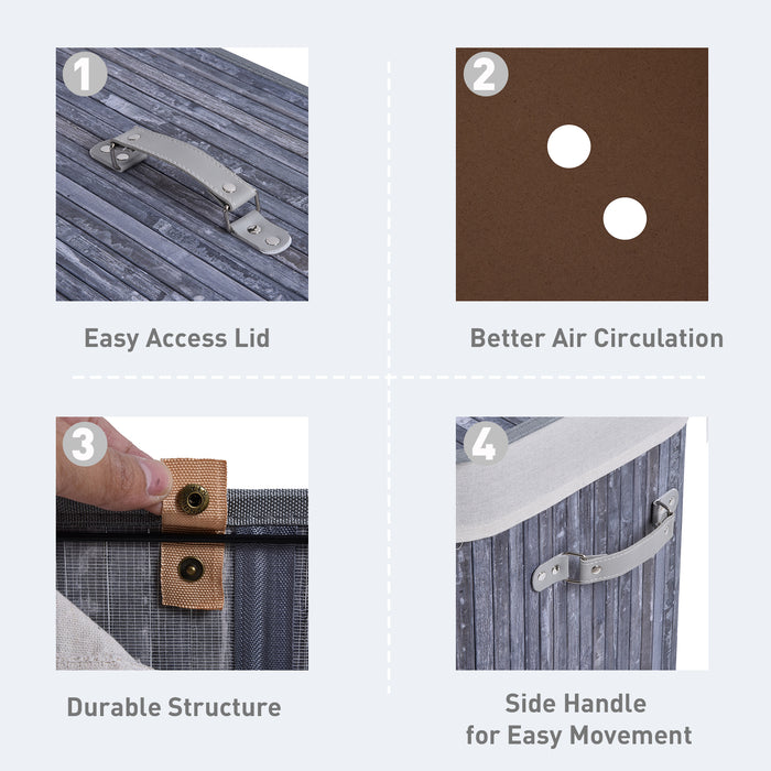 Large 100L Collapsible Wooden Laundry Hamper - Grey Clothes Basket with Lid and Removable Liner, 52x32x63cm - Space-Saving Organizer for Laundry Room