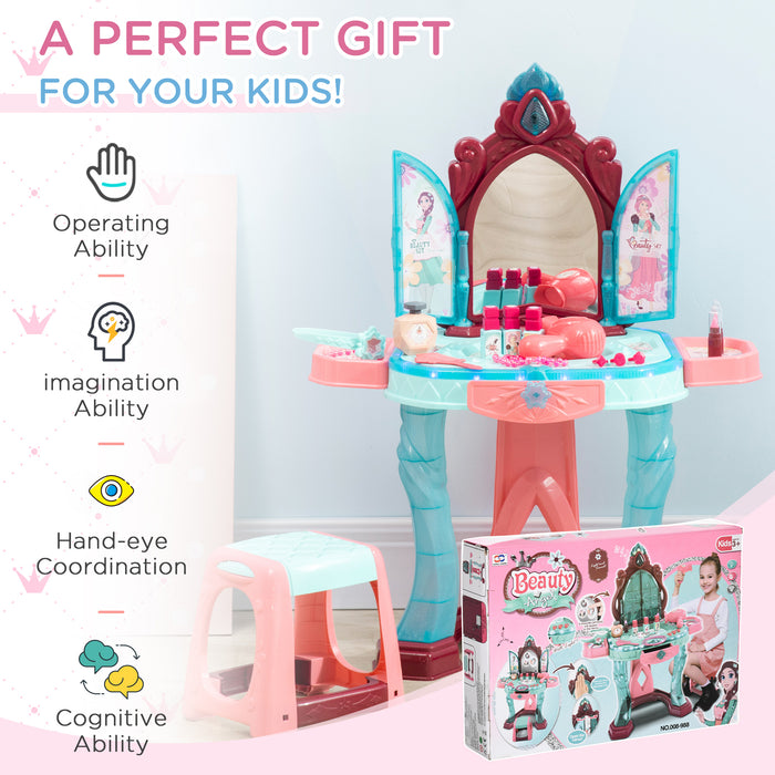 Magic Princess Mirror Dressing Table Playset - 31 PCS Musical Vanity with Light-Up Beauty Mirror and Accessories - Ideal for Kids Ages 3-6, Blue and Pink Pretend Play Toy