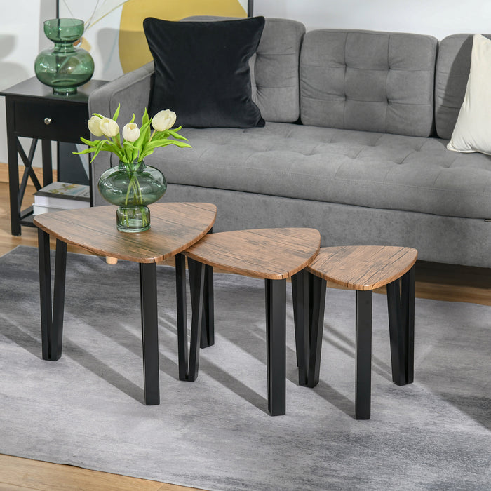 MDF Steel 3-Piece Nesting Table Set - Multifunctional Coffee & End Side Tables with Walnut Wood Grain Finish - Space-Saving Living Room Furniture Essentials