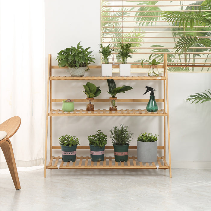 3-Tier Bamboo Plant Stand - Folding Shelf Rack for Home & Garden Display, 98x37x96.5cm - Ideal for Organizing Potted Plants, Natural Finish