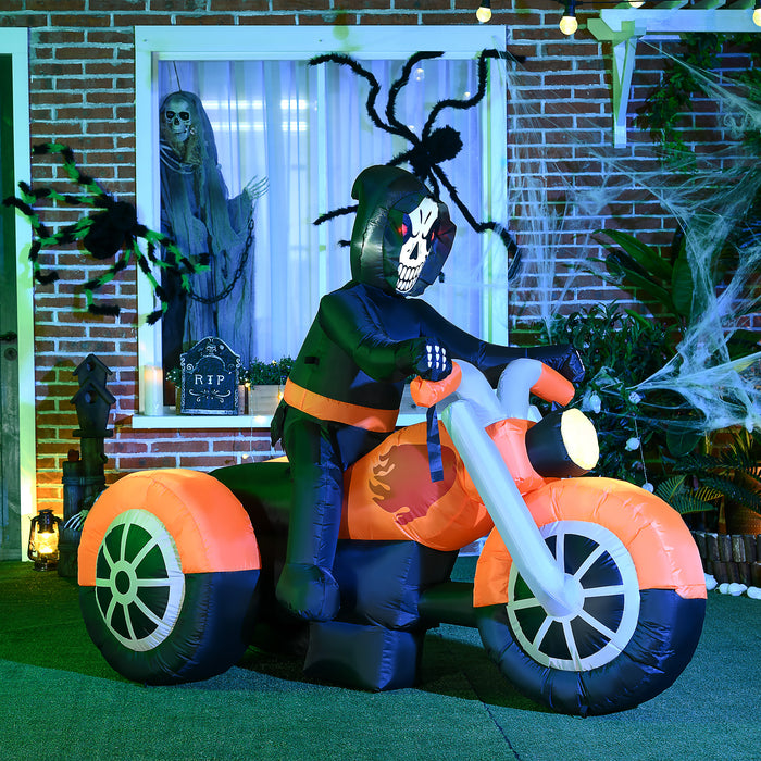 Inflatable Halloween Skull on Motorcycle - 9-Ft Long Lawn Decoration with LED Lights - Spooky Outdoor Display for Parties and Yard Celebrations