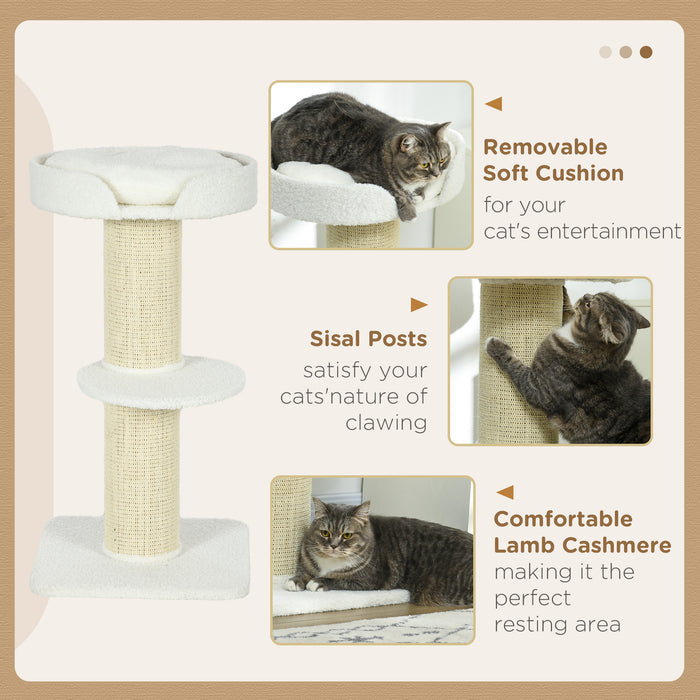 2-Tier Sisal-Sherpa Cat Tree with Basket and Cushioned Sisal Post - Cream White Cozy Pet Furniture - Ideal for Scratching, Lounging, and Entertainment for Your Feline Friends