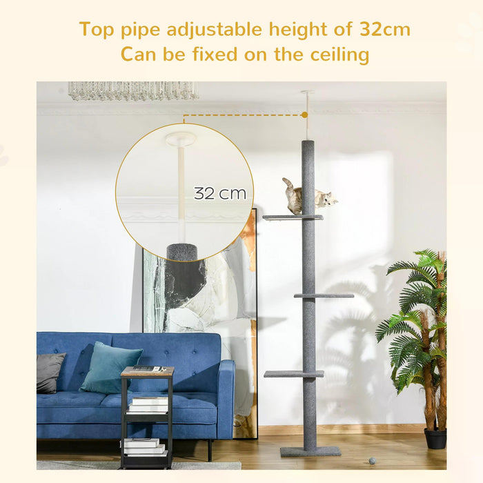 Floor-to-Ceiling 260cm Cat Tree with 3 Perches - Sturdy Kitten Activity Scratching Center, Grey Cat Tower Furniture - Ideal for Playful Felines & Claw Health Management