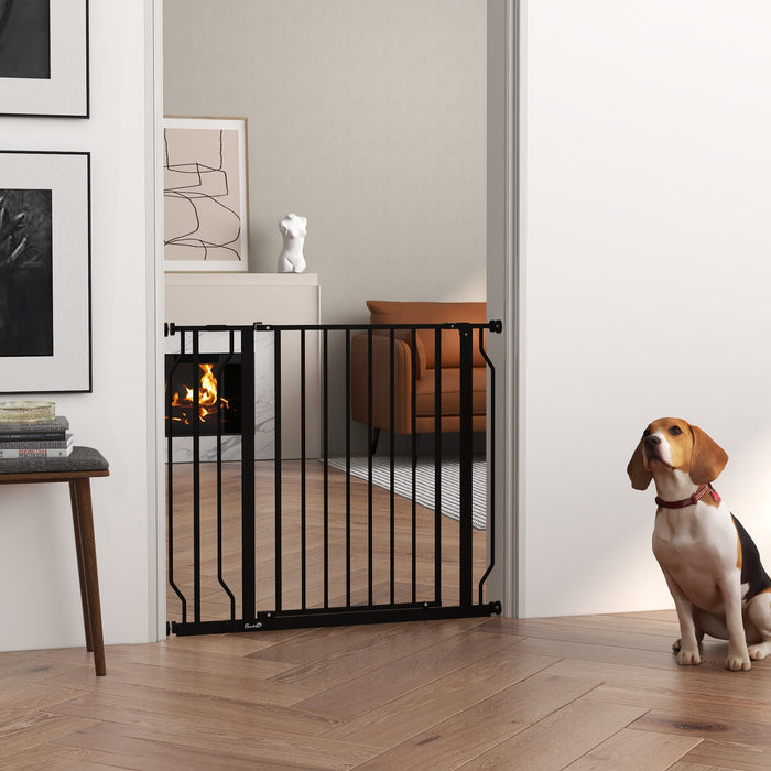 Extra-Wide Adjustable Dog Safety Gate with Walk-Through Door - Pressure Mount for Doorways, Hallways, Staircases - Pet Barrier for Home Safety, Black
